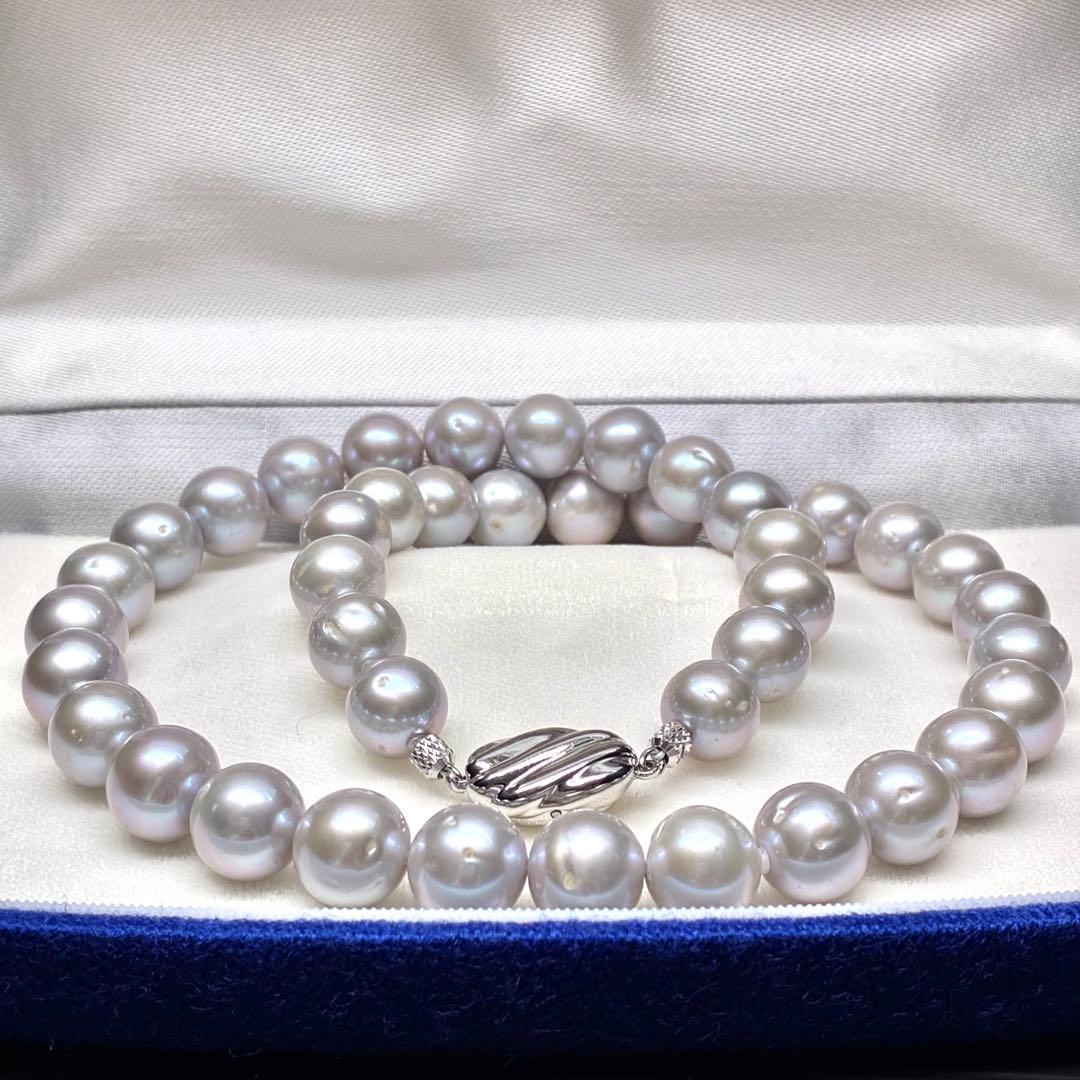 ジュエリーマキ　パールネックレス　リアルパール　グレー系　大珠　箱付