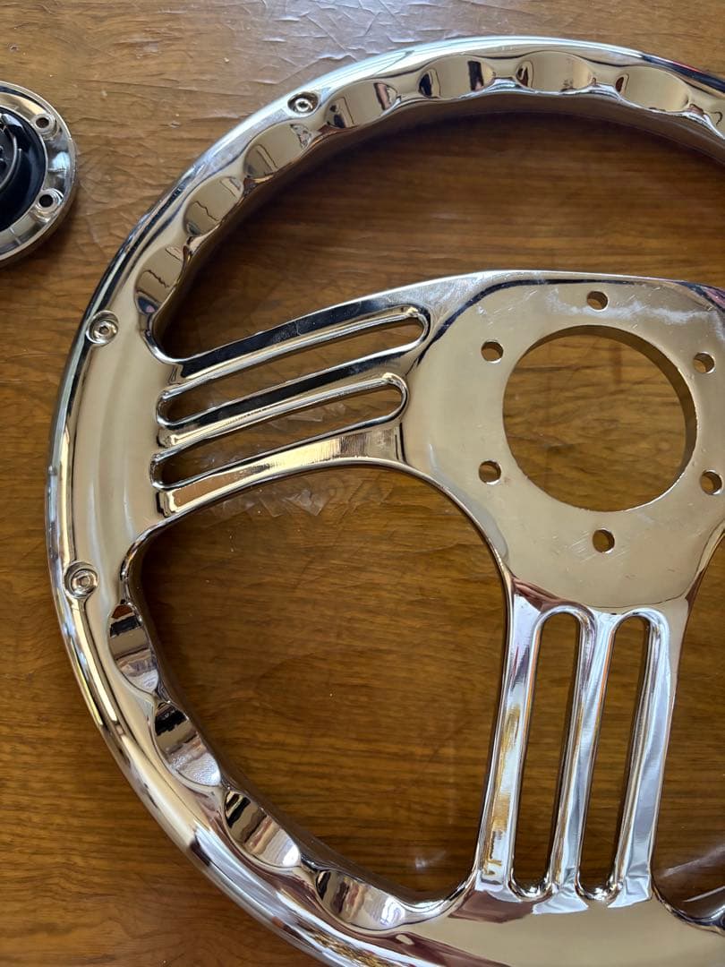 社外ステアリング　ビレットステアリング　ウッド　メッキ　35cm