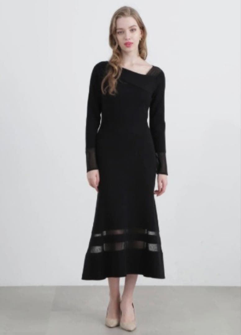 ピンキー&ダイアン黒 ロングニットワンピース 長袖 レース袖口 M