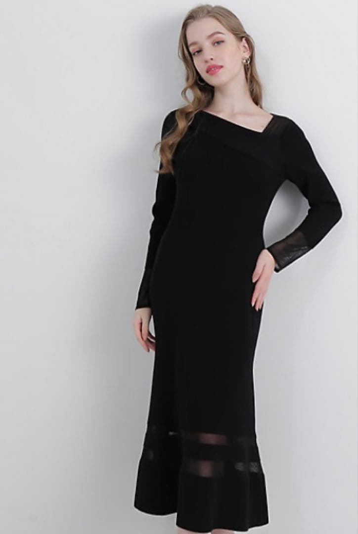 ピンキー&ダイアン黒 ロングニットワンピース 長袖 レース袖口 M