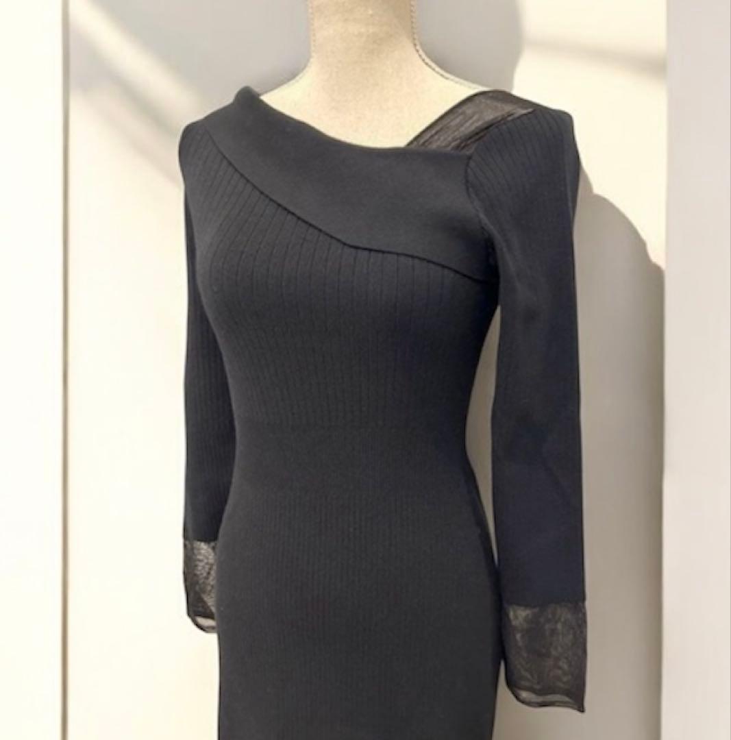 ピンキー&ダイアン黒 ロングニットワンピース 長袖 レース袖口 M