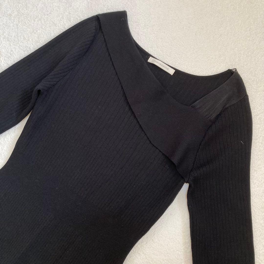 ピンキー&ダイアン黒 ロングニットワンピース 長袖 レース袖口 M