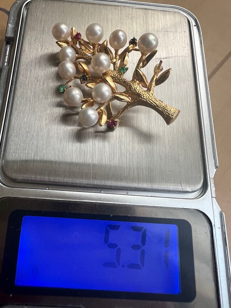 K18 18金　750 ブローチ　パール エメラルド　サファイア　ルビー