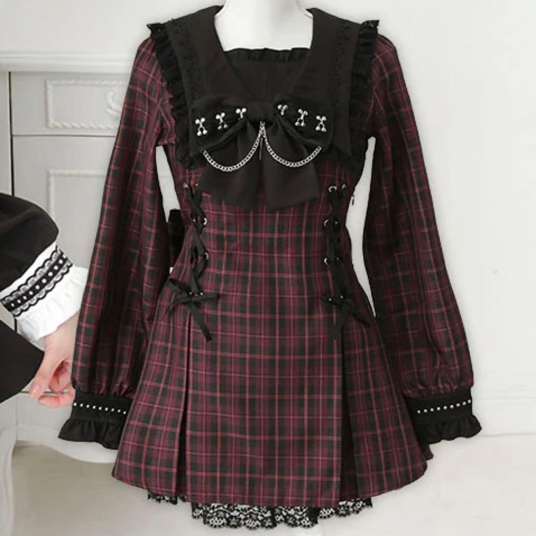 夢展望 十字架クロススタッズチェーンレースアップフリルセーラーワンピース