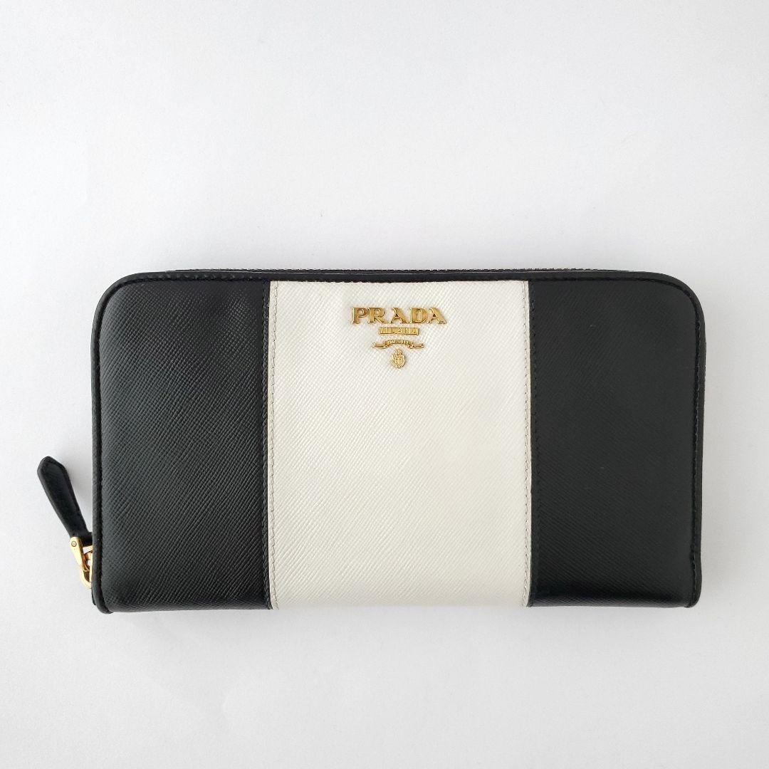PRADA　長財布　バイカラー　ラウンドファスナー　ホワイト×ブラック　プラダ