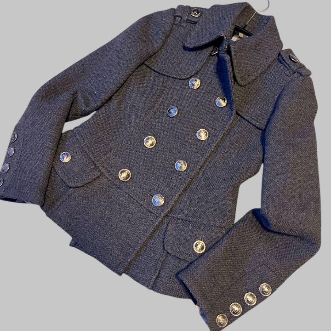バーバリーブルーレーベルウールコートボタン　フリルチェックグレーBurberry
