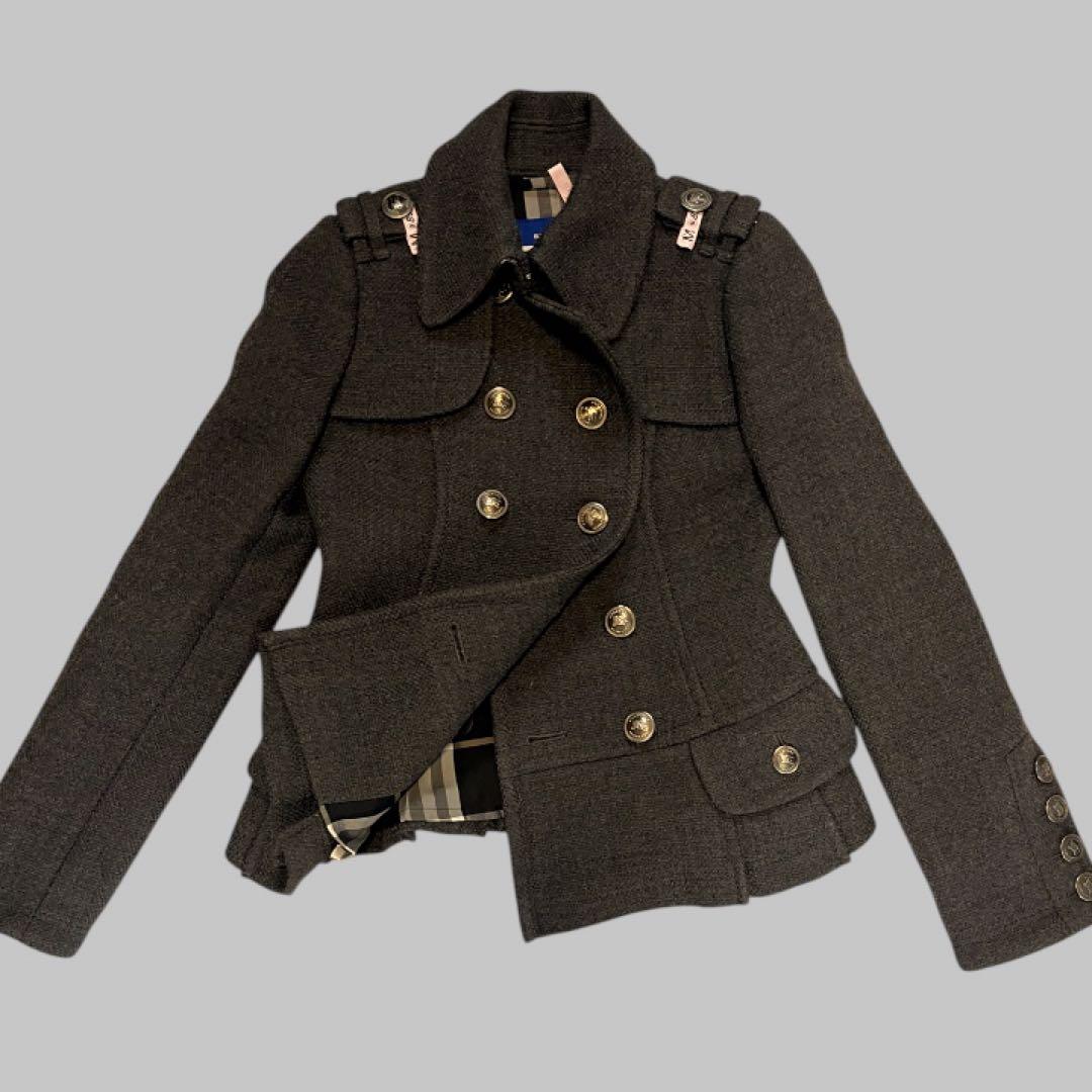バーバリーブルーレーベルウールコートボタン　フリルチェックグレーBurberry