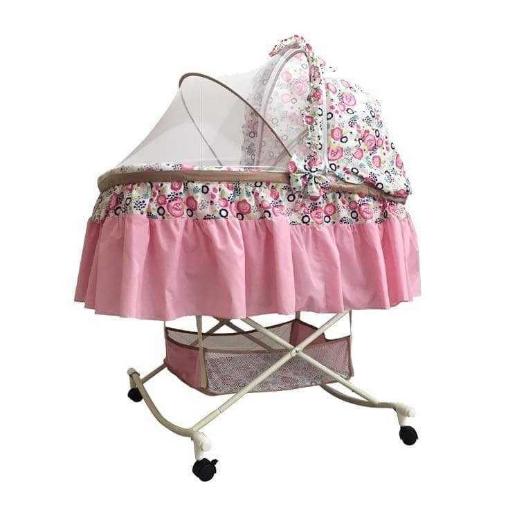 もんも大特価布団付新生児から使える簡易ベビーベッドキャスターゆりかごピンク