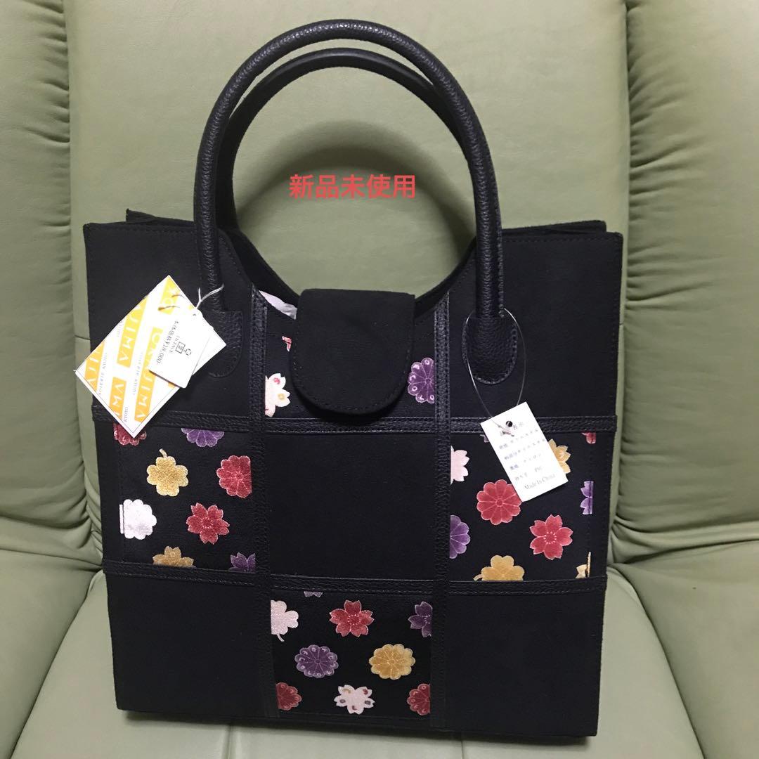 黒と花柄のレディースバック　okajima 手提げ