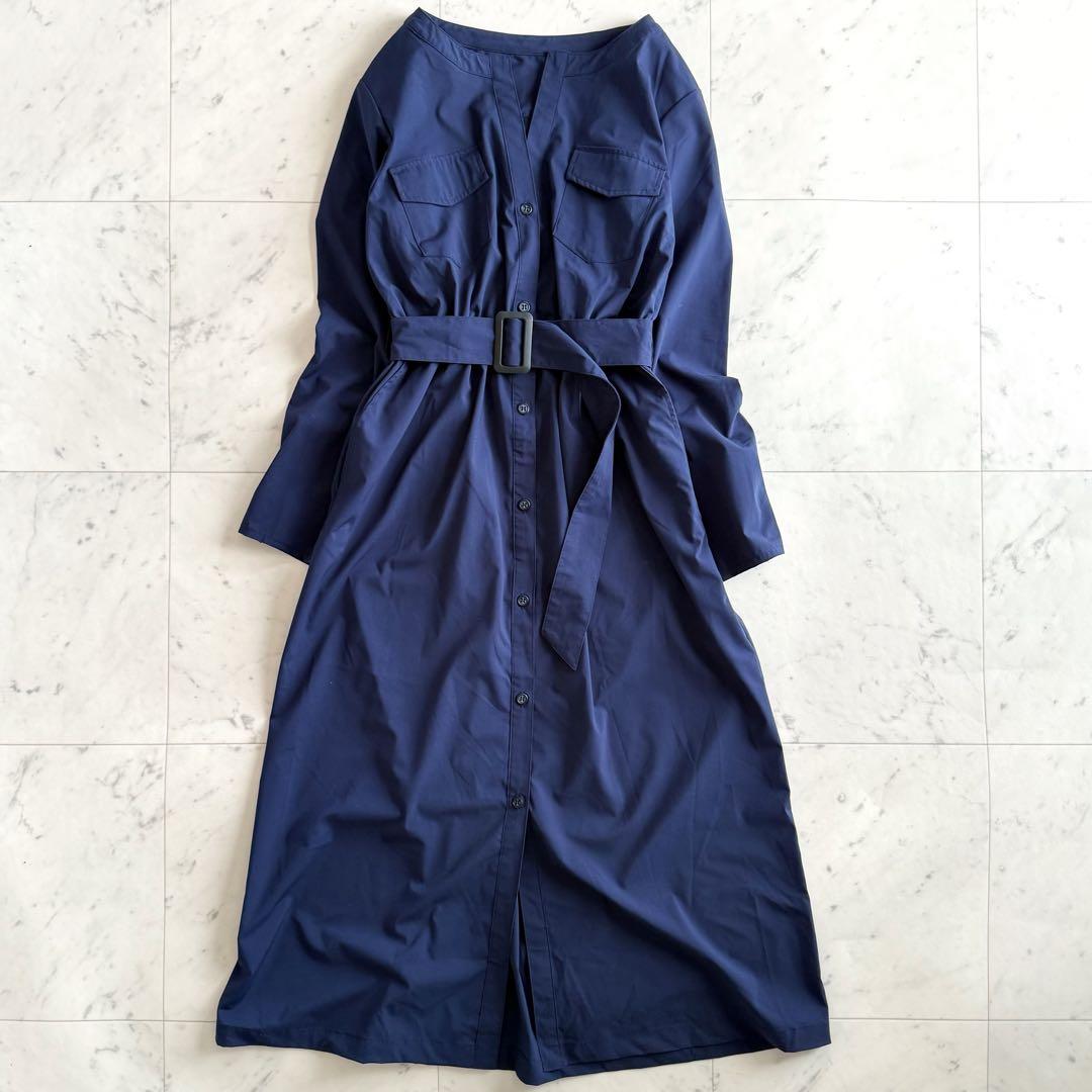 美品 スローブイエナ キーネック ノーカラー シャツギャザーワンピース◆ネイビー