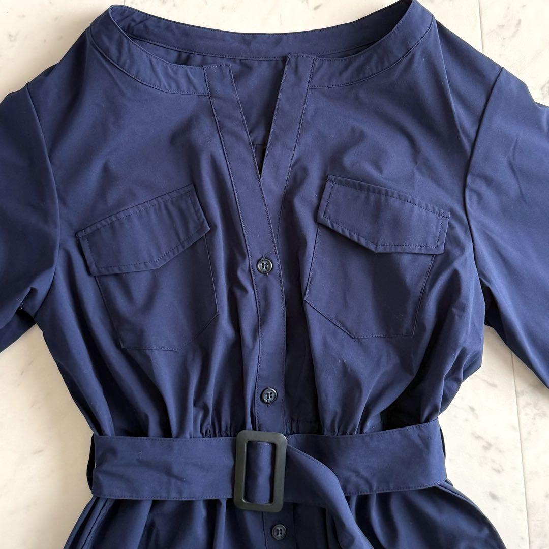 美品 スローブイエナ キーネック ノーカラー シャツギャザーワンピース◆ネイビー