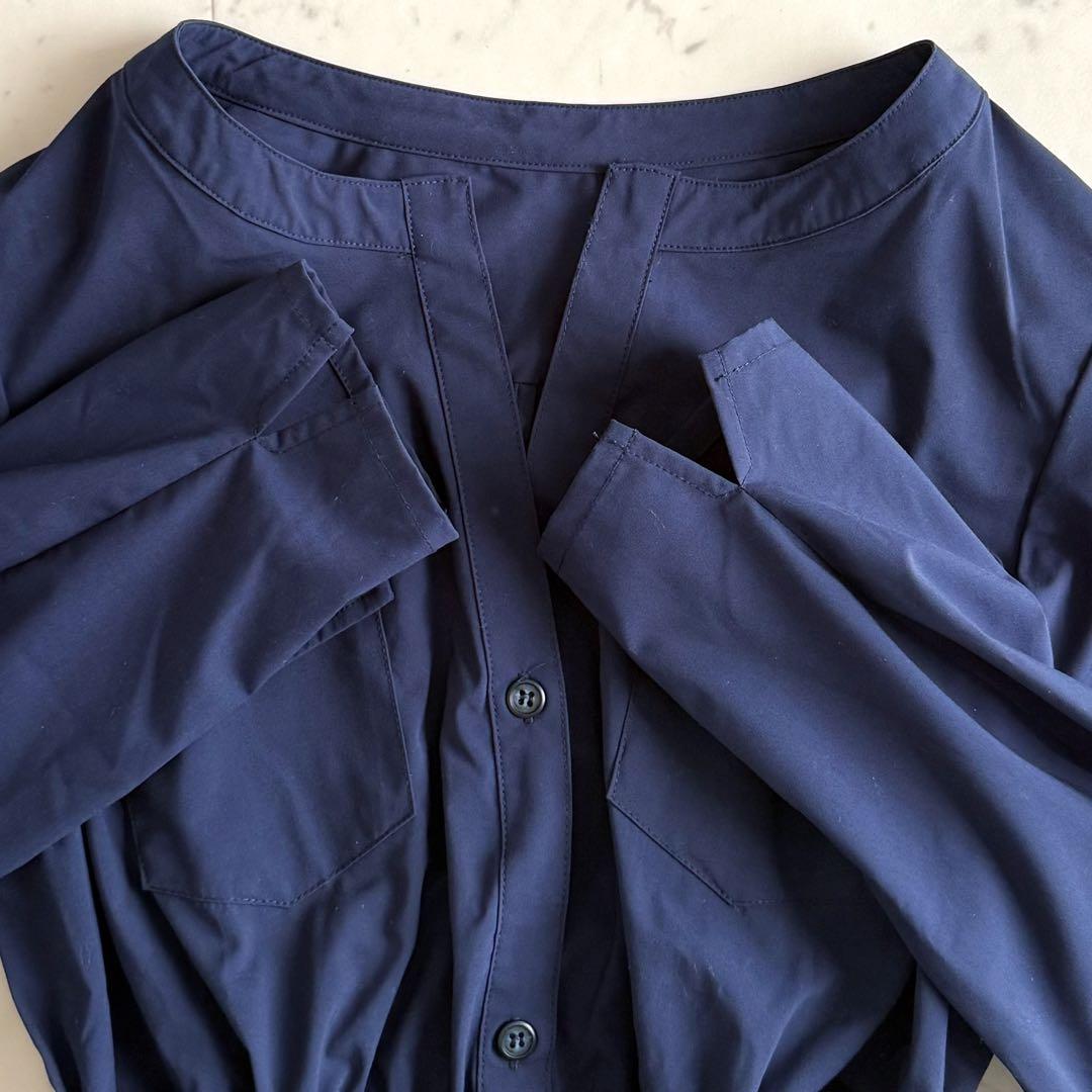 美品 スローブイエナ キーネック ノーカラー シャツギャザーワンピース◆ネイビー