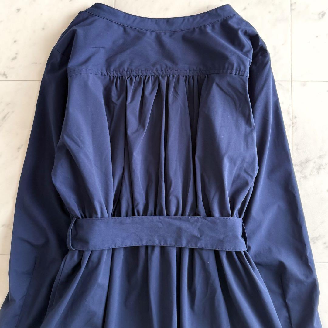 美品 スローブイエナ キーネック ノーカラー シャツギャザーワンピース◆ネイビー