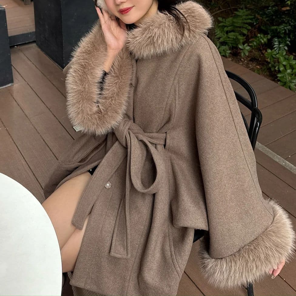 ねこね様 美品 rienda ウールMIXフードポンチョコート リエンダ ファー