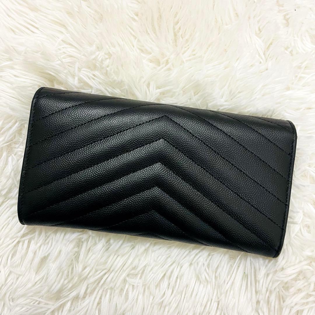 極美✨サンローラン 長財布 レザー Vステッチ キルティング ブラック シルバー