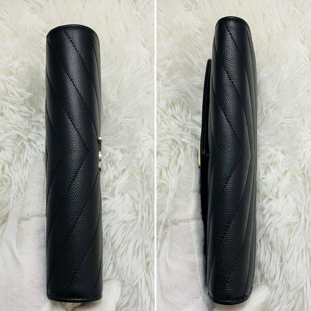 極美✨サンローラン 長財布 レザー Vステッチ キルティング ブラック シルバー