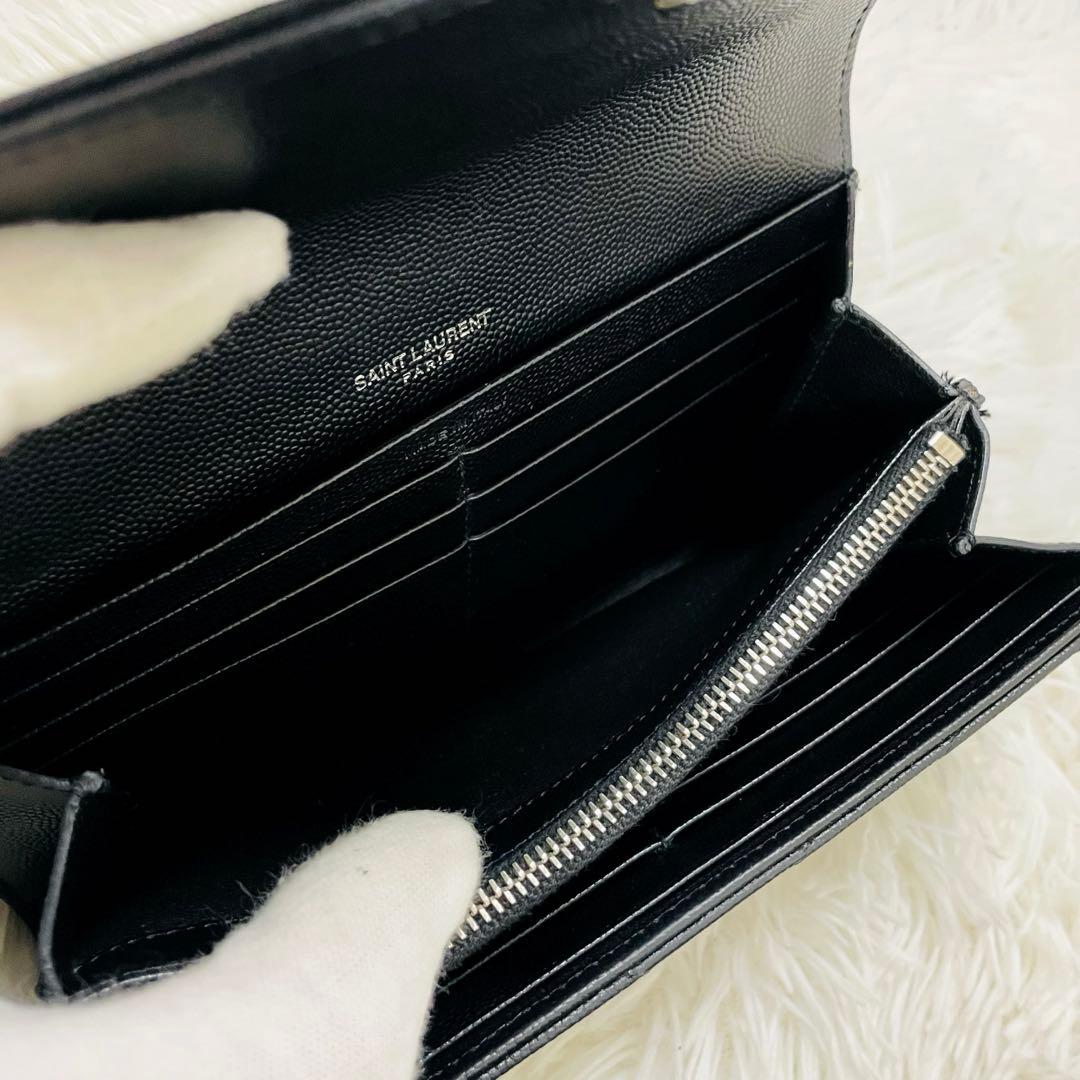 極美✨サンローラン 長財布 レザー Vステッチ キルティング ブラック シルバー