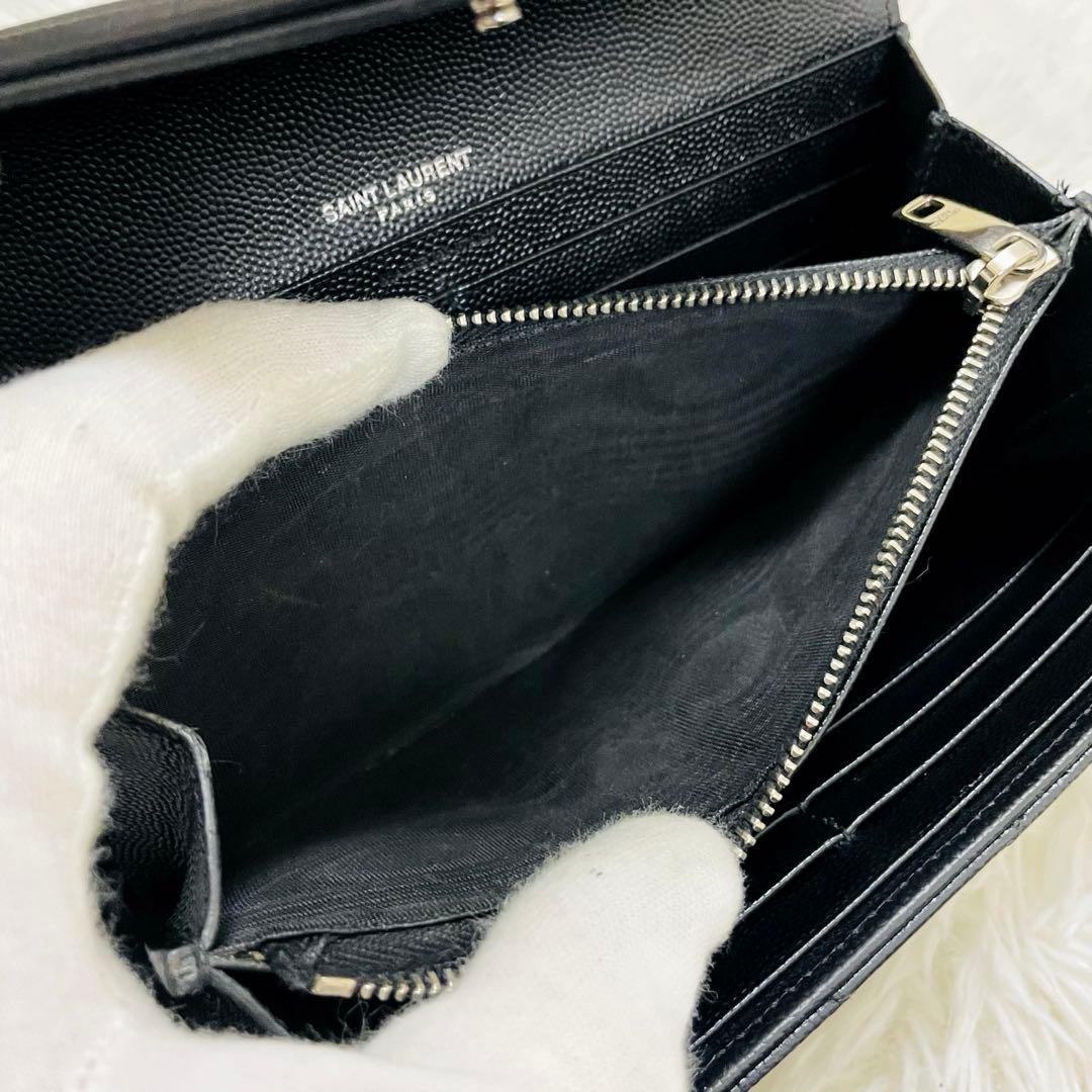 極美✨サンローラン 長財布 レザー Vステッチ キルティング ブラック シルバー