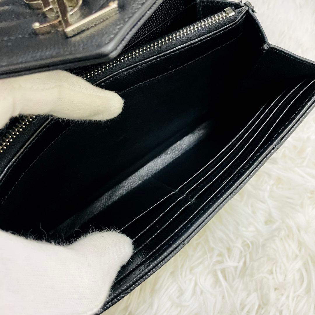 極美✨サンローラン 長財布 レザー Vステッチ キルティング ブラック シルバー