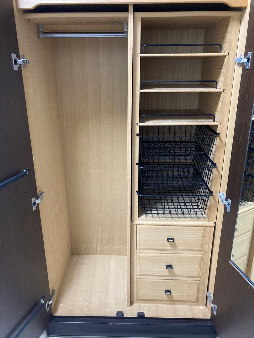 天然木クローゼット　洋ダンス　ミラー付き　収納ダンス　婚礼家具　洋服ダンス