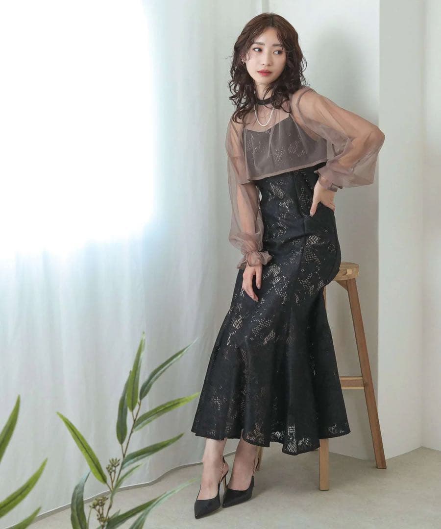 3wayシフォンボレロ&レースキャミドレス　ブラックブラウン　Ssize 華やか