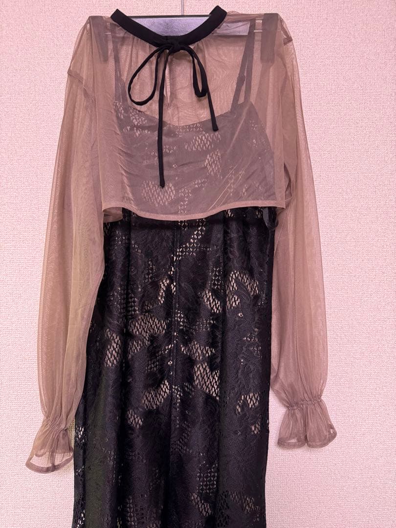 3wayシフォンボレロ&レースキャミドレス　ブラックブラウン　Ssize 華やか
