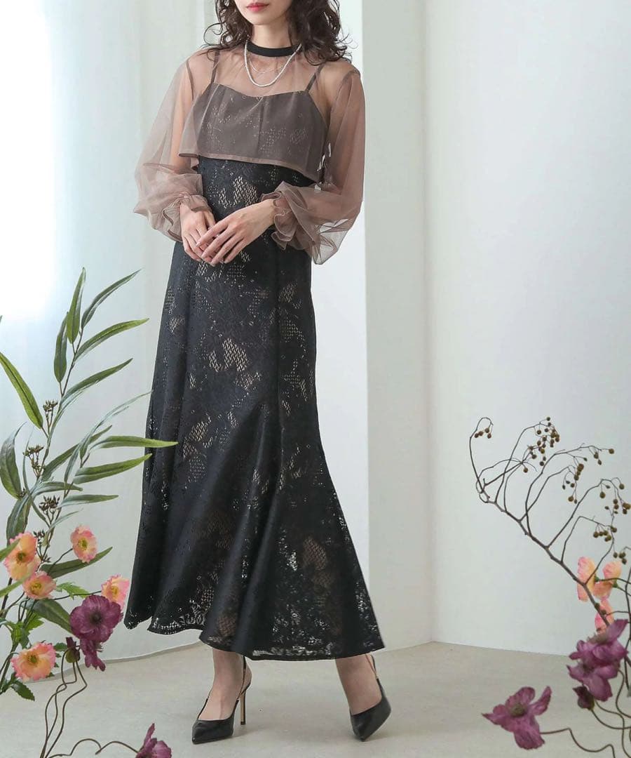 3wayシフォンボレロ&レースキャミドレス　ブラックブラウン　Ssize 華やか