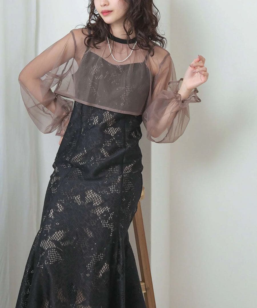 3wayシフォンボレロ&レースキャミドレス　ブラックブラウン　Ssize 華やか