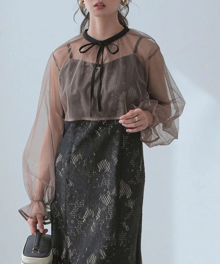 3wayシフォンボレロ&レースキャミドレス　ブラックブラウン　Ssize 華やか
