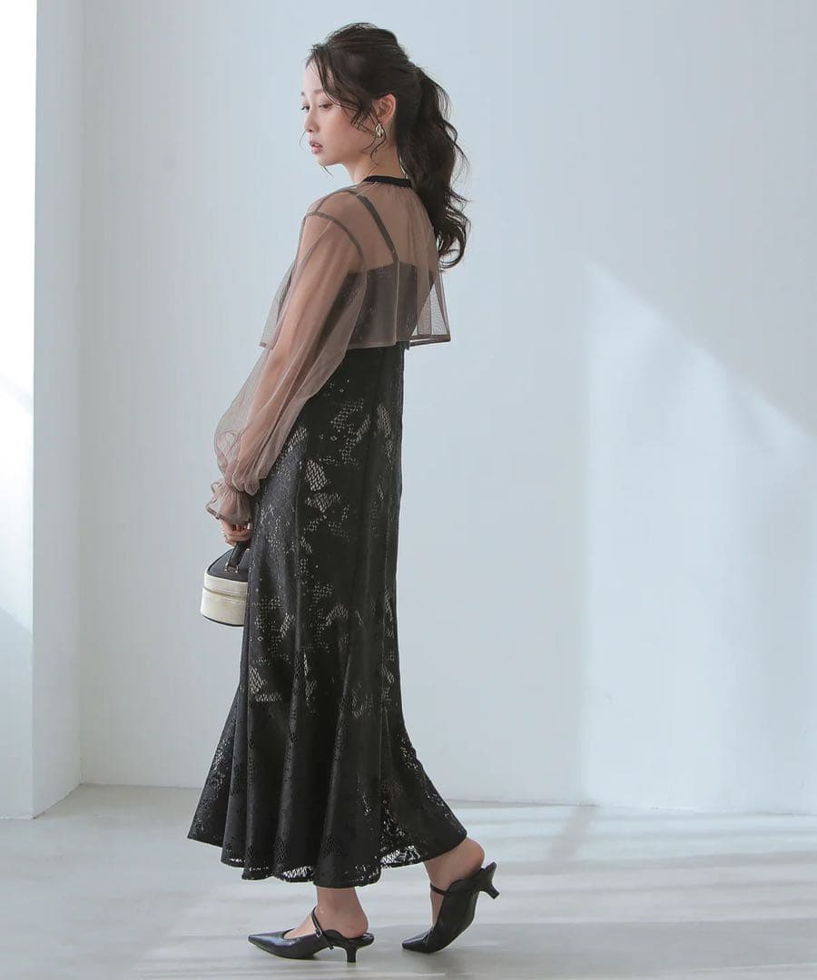 3wayシフォンボレロ&レースキャミドレス　ブラックブラウン　Ssize 華やか