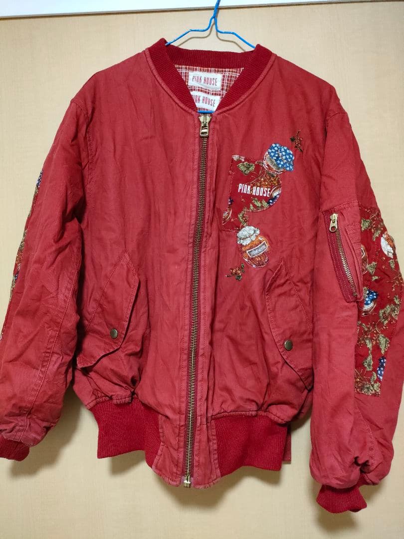 PINK HOUSEピンクハウス ジャム瓶柄 ブルゾンma-1赤レッドゼッケン