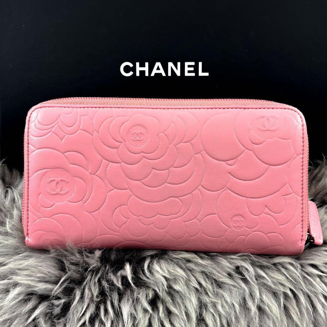 【極美品✨】シャネル 長財布 カメリア 型押し ラウンドジップ PI
