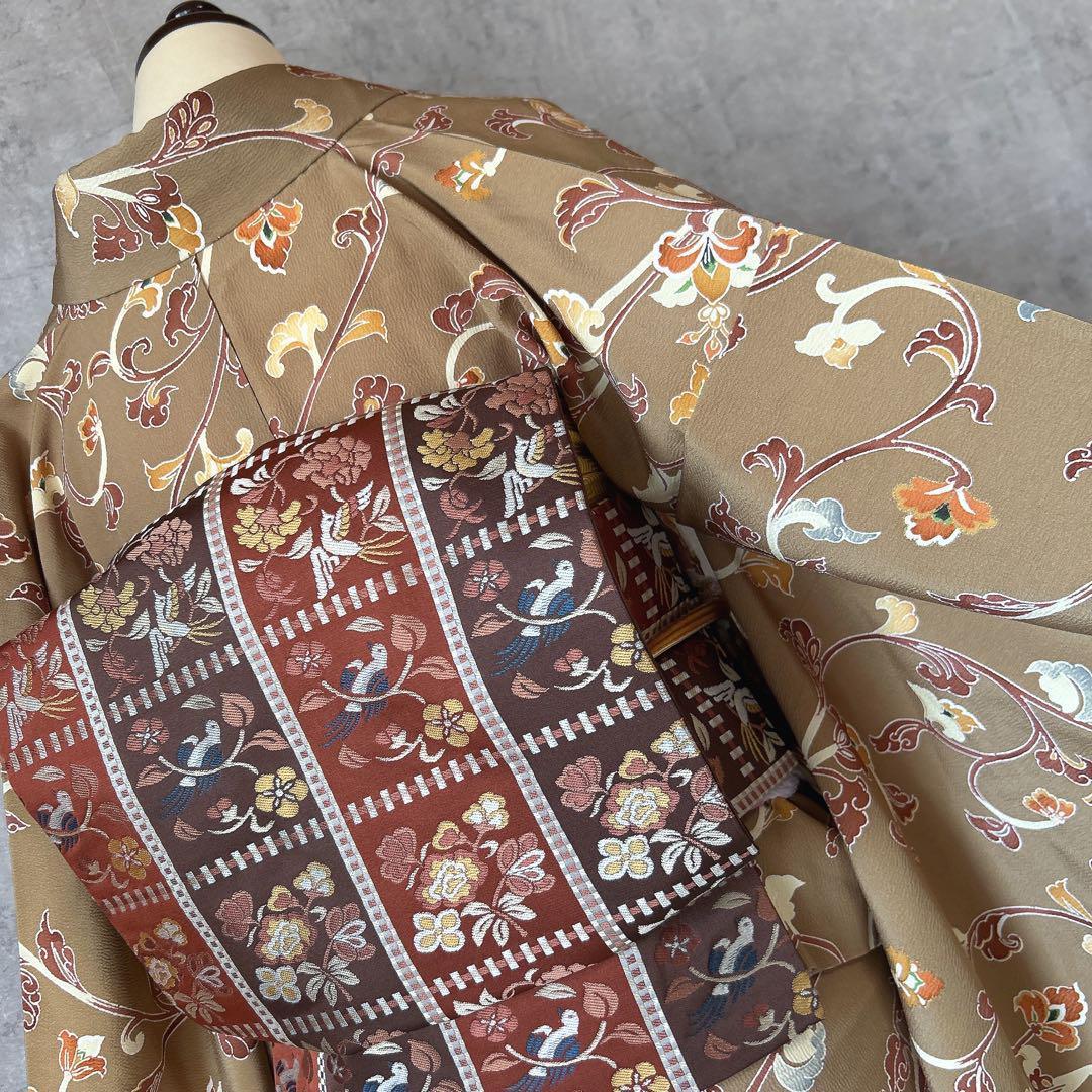 小紋　フルセット　着物　正絹　唐草　マスタードイエロー