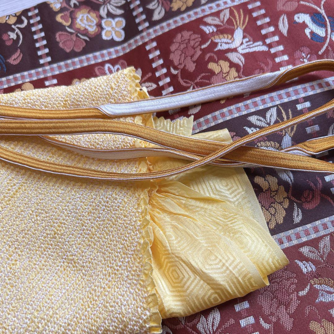 小紋　フルセット　着物　正絹　唐草　マスタードイエロー