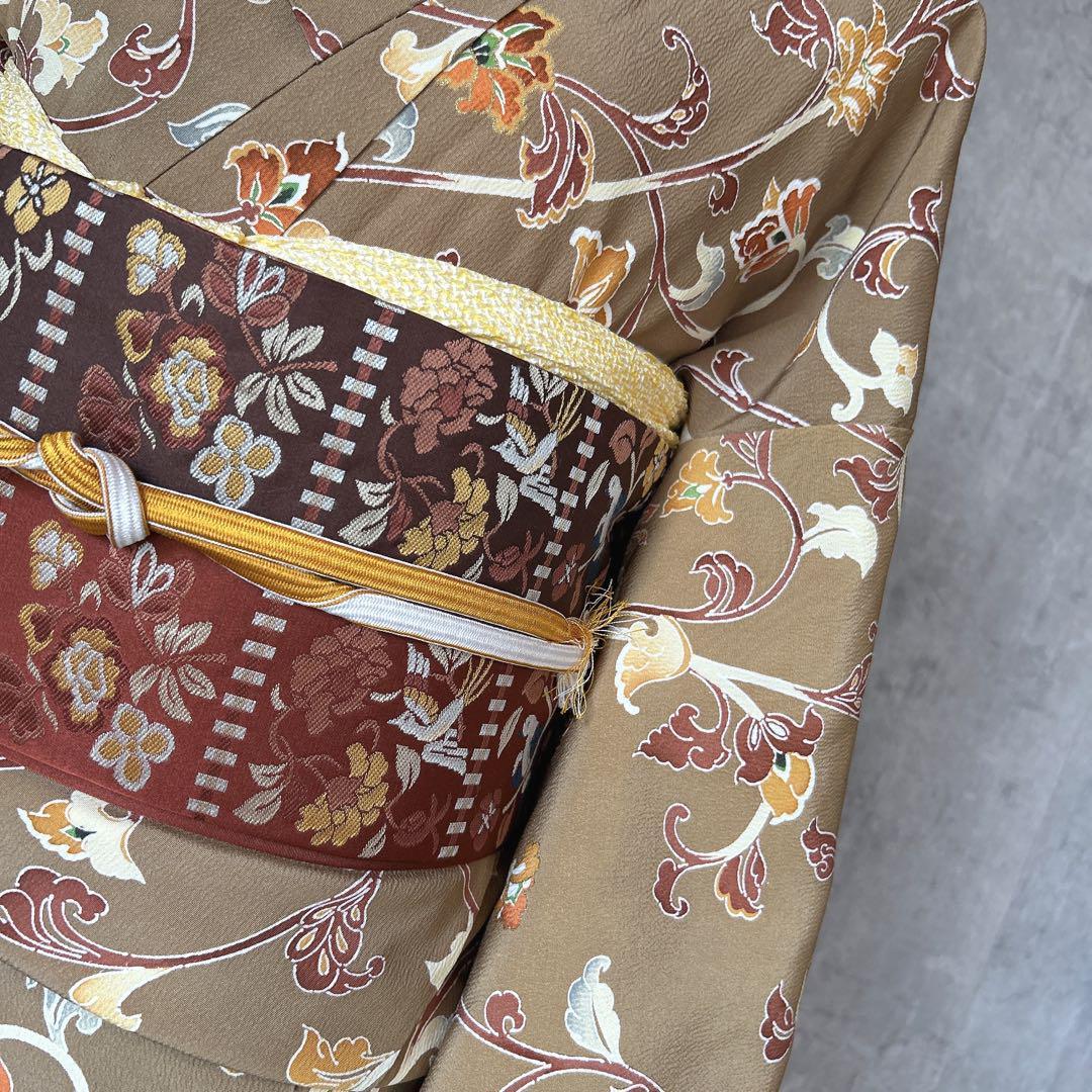 小紋　フルセット　着物　正絹　唐草　マスタードイエロー