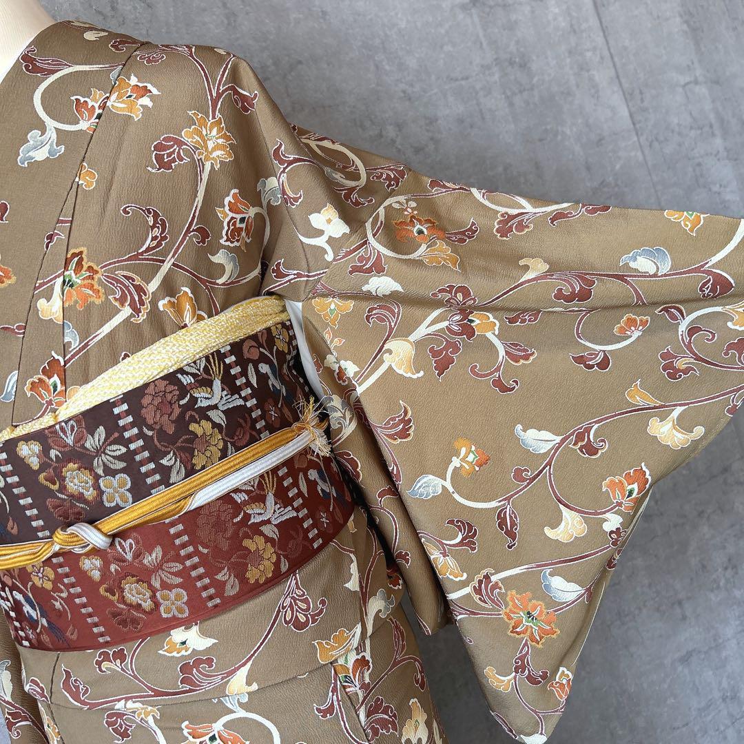 小紋　フルセット　着物　正絹　唐草　マスタードイエロー