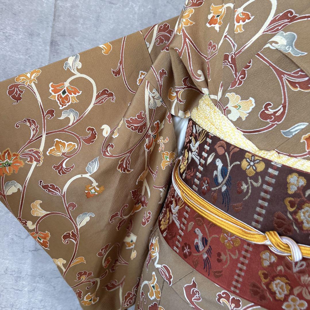 小紋　フルセット　着物　正絹　唐草　マスタードイエロー