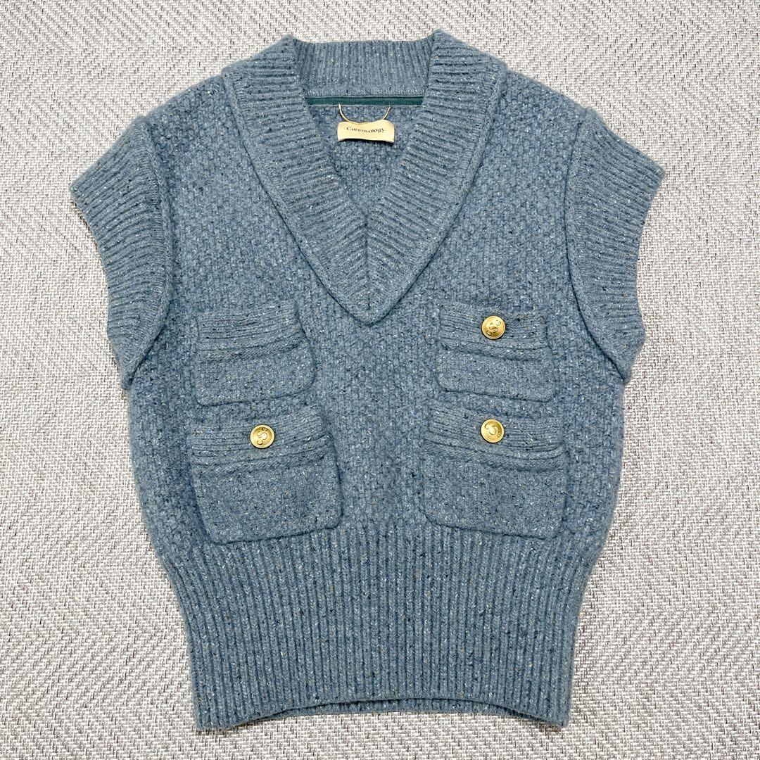 Chi e*** カレンソロジー ニットベスト ブルー 金ボタン