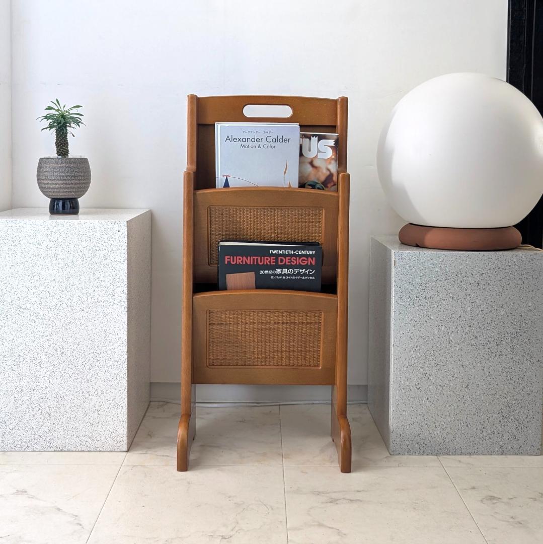 オールドカリモク ビンテージ マガジンラック 2段 ウッド×ラタン 美品