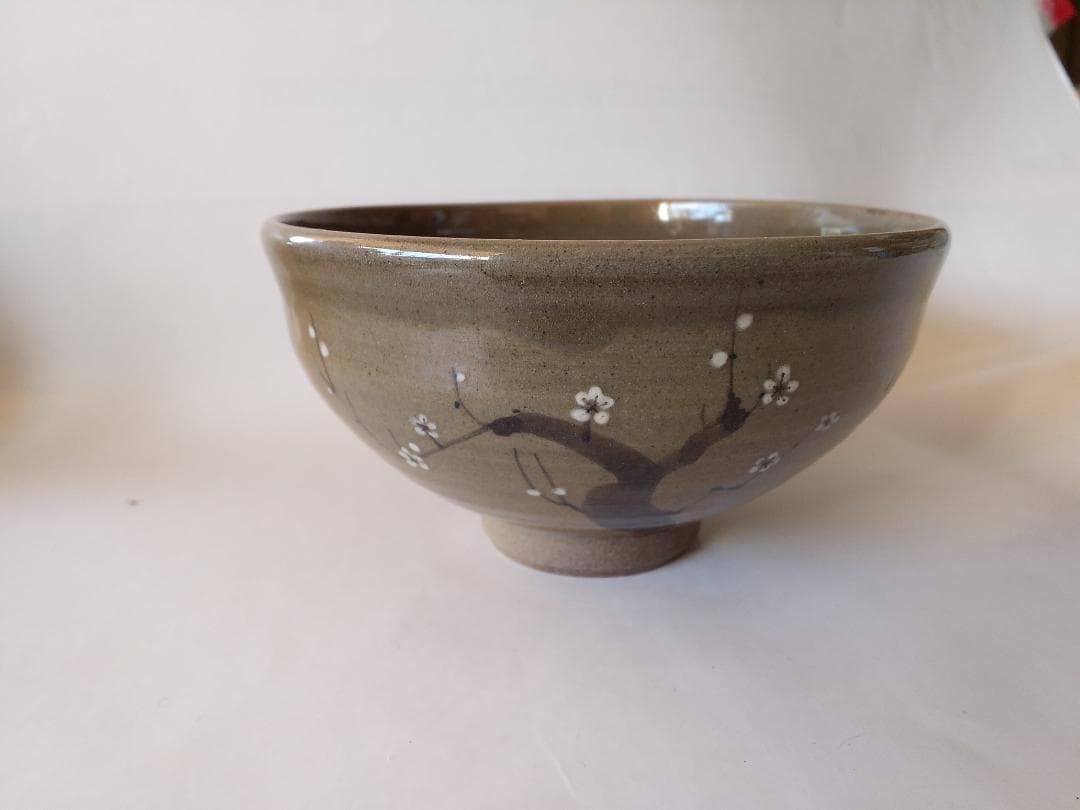 虫明焼 曙窯 色絵 白梅 茶碗 共箱 共布 栞 茶道具 抹茶碗 新品 未使用品