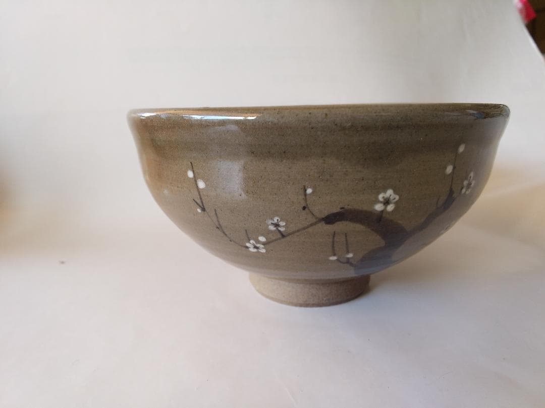 虫明焼 曙窯 色絵 白梅 茶碗 共箱 共布 栞 茶道具 抹茶碗 新品 未使用品
