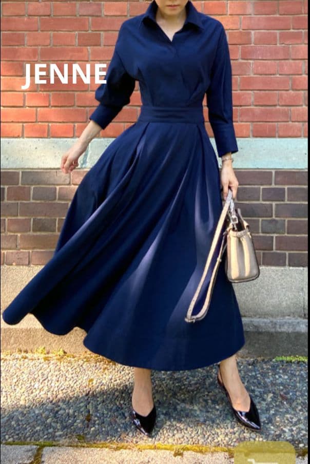 【お値下げ】JENNE 紺 リッチフレアワンピース カシュクールフレア