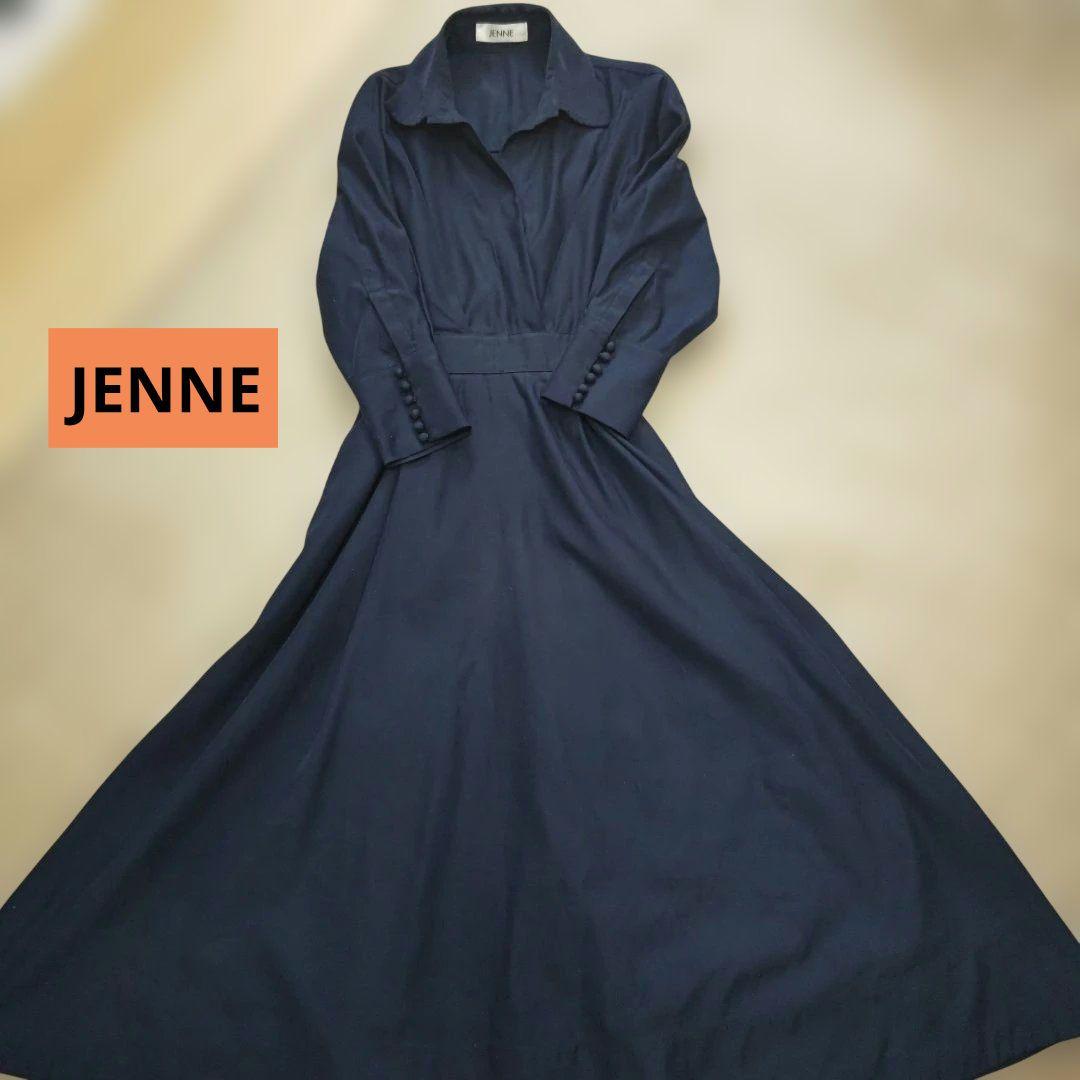 【お値下げ】JENNE 紺 リッチフレアワンピース カシュクールフレア