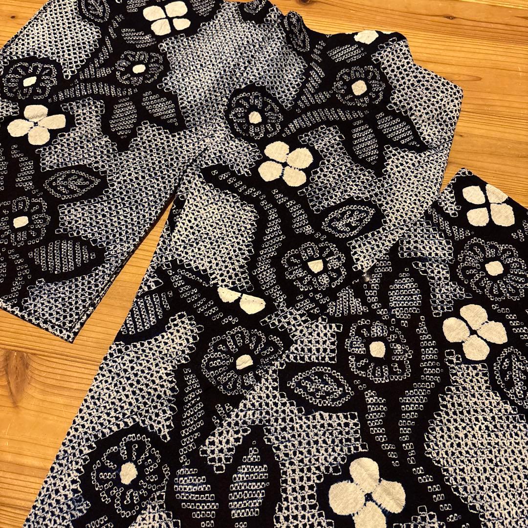 有松鳴海絞り浴衣 花繋ぎ 美品 手縫い 藍染 アンティーク レトロ 絞り