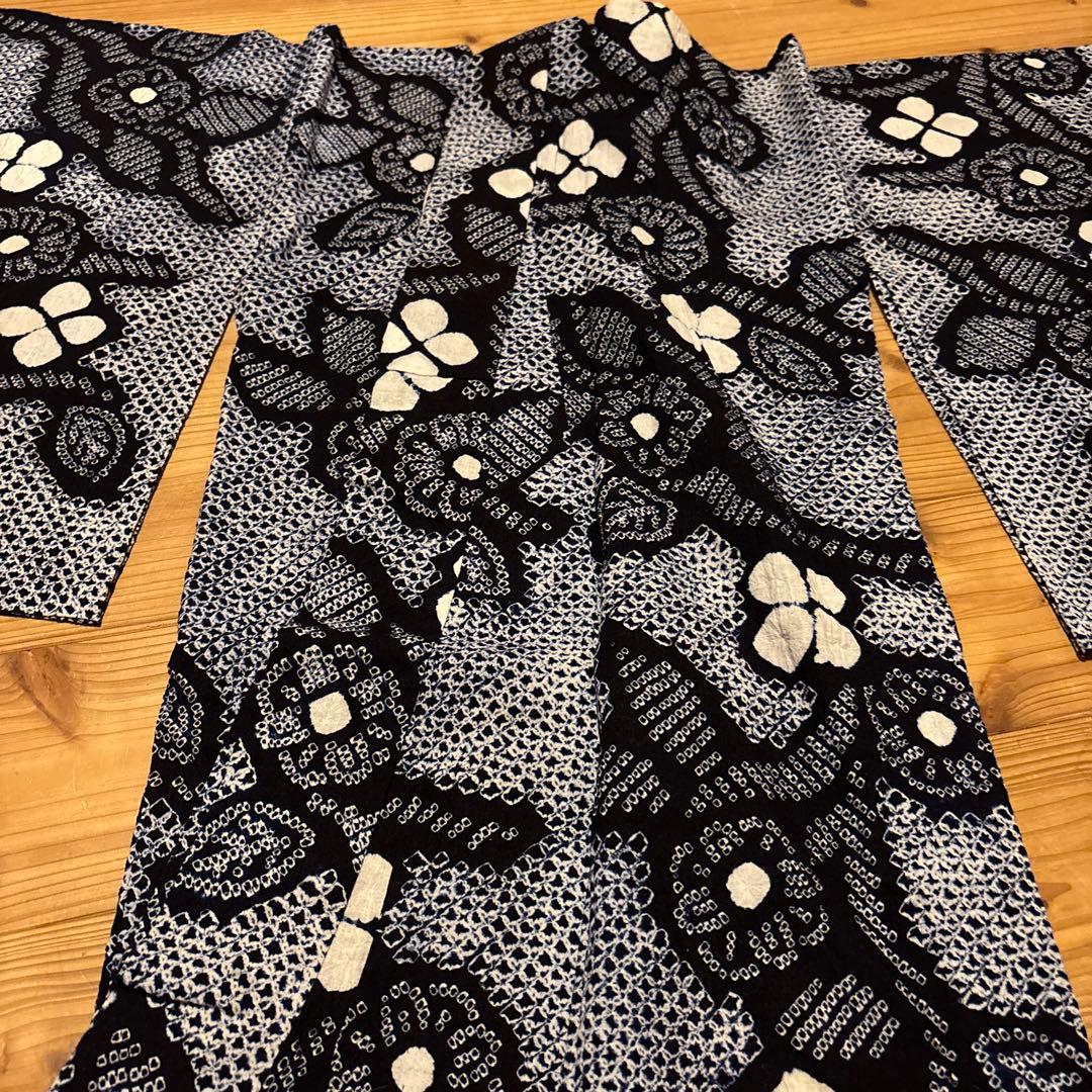 有松鳴海絞り浴衣 花繋ぎ 美品 手縫い 藍染 アンティーク レトロ 絞り