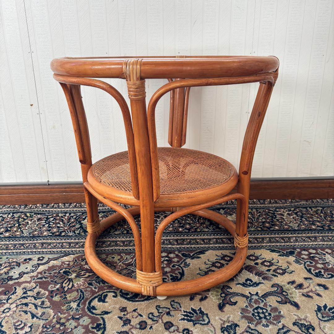 ヴィンテージ ラタン丸型ガラステーブル サイドテーブル 昭和レトロ リゾート家具