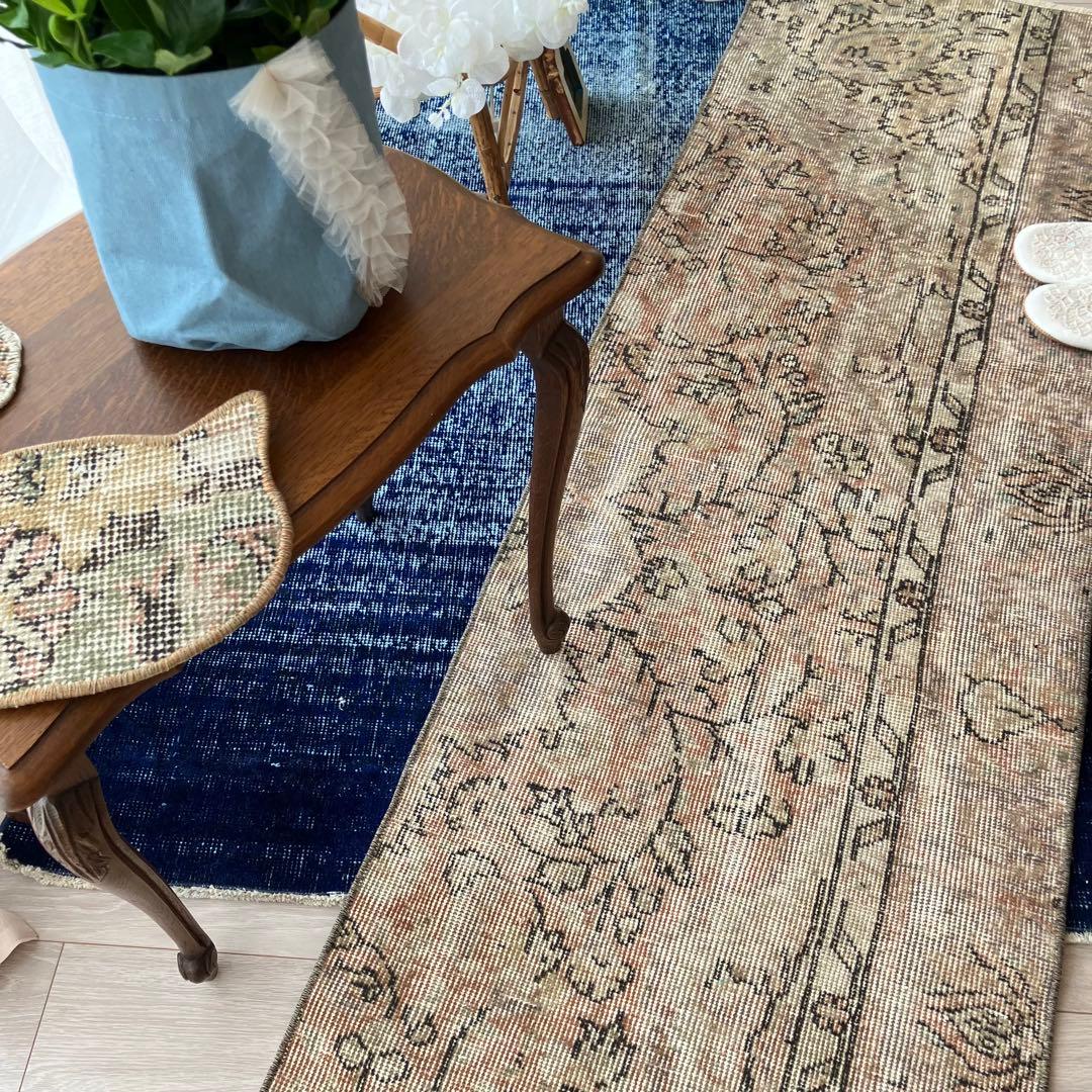 ペールベージュピンク58×189フラワーライン　ランナー　トルコヴィンテージラグ