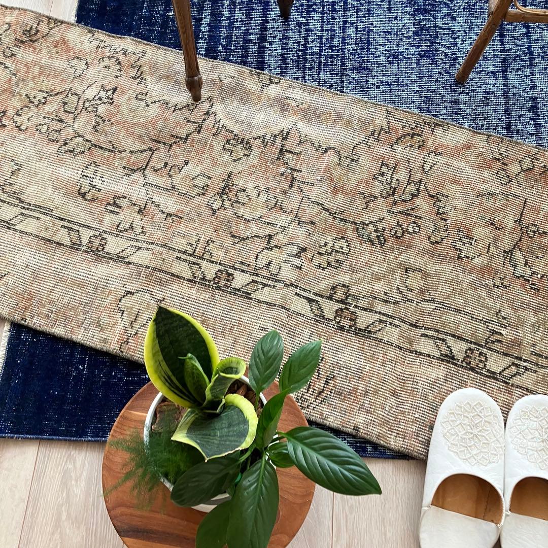 ペールベージュピンク58×189フラワーライン　ランナー　トルコヴィンテージラグ