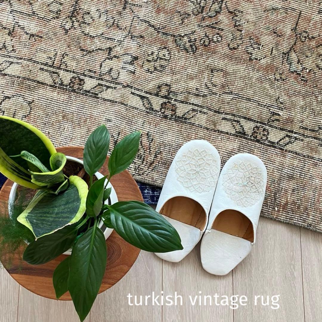 ペールベージュピンク58×189フラワーライン　ランナー　トルコヴィンテージラグ