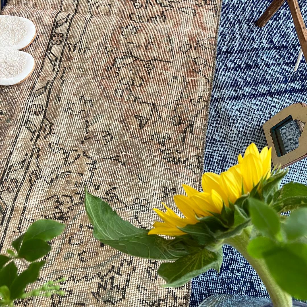 ペールベージュピンク58×189フラワーライン　ランナー　トルコヴィンテージラグ